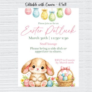 Op de afbeelding: Een uitnodiging voor een paas-potluck met een aquarel illustratie van een konijn, paaseieren en een mand. De uitnodiging bevat de datum, tijd en een verzoek om een gerecht te delen. De tekst "Editable with Canva - 8.5x11" staat bovenaan.