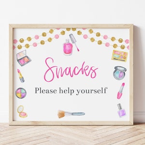 Snacks Sign, Spa Birthday Party, Makeup Party, Snack Table Sign, Spa Party Signs, Spa Party Decorations, Printable Sign, Tween Party, MASP