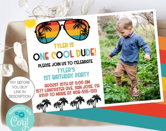 One Cool Dude Photo Invitation Template, 1st Birthday Invitation, First Birthday, Photo Invite, Sunglasses Invite, Corjl, Printable, ONEC