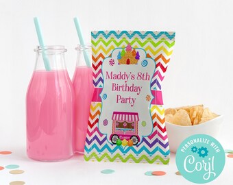 Editable Chip Bag, Candy Birthday Party, Candy Party Decorations, Girls Birthday Party, Corjl, Printable, Candy Shop, Instant Download, CABP