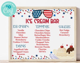 Editable 4th of July Ice Cream Bar Sign Template One Cool Dude Birthday Two Cool July 4th Ice Cream Party Decorations Pool Party Corjl BLOC