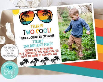 Two Cool Photo Invitation Template, 2nd Birthday Invitation, Second Birthday, Photo Invite, Sunglasses Invitation, Corjl, Printable, TWOC