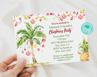 Editable Tropical Christmas Party Invitation Template, Holiday Party, Winter Luau Invite, Printable, Corjl, Instant Download, TRCH