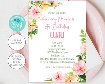 Luau Birthday Invitation Template, Editable For Baby Shower or Bridal Shower, Tropical Printable Invite, Hawaiian Theme, Corjl, LUCO