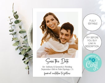 Minimalist Photo Save the Date Card Template, Printable Wedding Announcement, Minimal Save the Date, Modern Wedding, Corjl, Digital Download