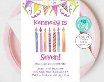 Editable 7th Birthday Invitation Template, Seventh Birthday Party, Corjl, 7 Year Old Birthday Party Invite, Printable Invitation, SEBC