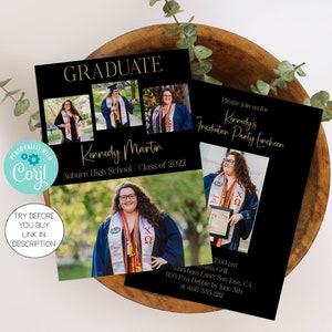 Fully Editable Graduation Party Invitation Template, Printable Photo Announcement, Class of 2024, Black and Gold Invite, Digital, Corjl