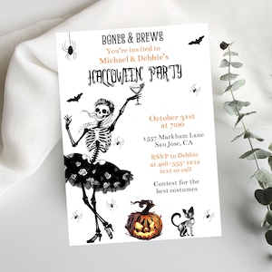 Halloween Party Invitation Template, Editable Skeleton Costume Party Invite, Printable Gothic Adult Halloween Party Invite, Corjl, SKHP