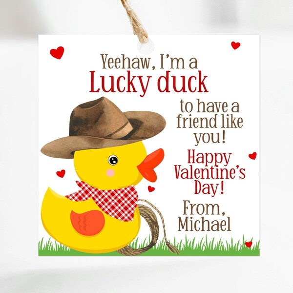 Printable Cowboy Lucky Duck Valentine Tag, I'm A Lucky Ducky To Have A Friend Like You, Boys Valentine, Rubber Ducky Preschool, Corjl