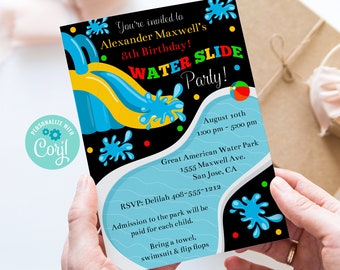 Editable Water Slide Birthday Invitation, Waterslide, Water Park, Summer Birthday, Pool Party, Corjl, Printable Invitation, Instant Download