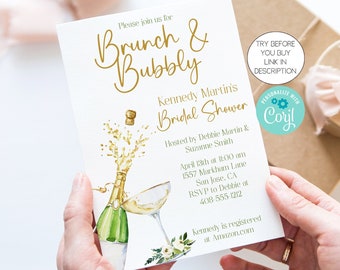 Brunch and Bubbly Bridal Shower Invitation Template, Wedding Shower Invite, Champagne Brunch, Corjl, Editable, Printable, Instant, BRBU