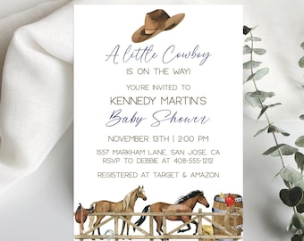 Editable Cowboy Baby Shower Invitation Template | A Little Cowboy Is On The Way | Wild West Baby Shower | Boy Baby Shower | Corjl | CWBS
