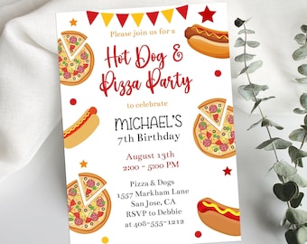 Editable Hot Dog and Pizza Party Invitation Template, Hot Dog and Pizza Birthday Party Invite Printable Fast Food Invitation, Corjl, FFBP