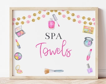 Spa Towels Sign Template For Spa Birthday Party, Spa Party Signs, Spa Party Decorations For Spa Party or Makeup Party, Printable, MASP