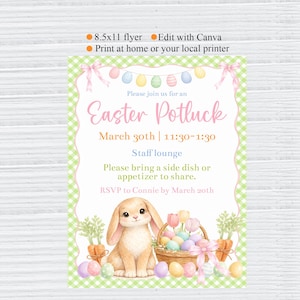 May include: An Easter Potluck invitation on an 8.5x11 flyer. The design features a bunny, Easter eggs, and a basket of tulips. The text includes the date, time, and location of the potluck, along with a request to bring a dish.