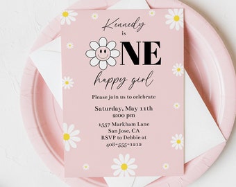 Smiley Face Birthday Invitation Template For Girls 1st Birthday, Editable ONE Happy Girl First Birthday Smiley Face and Daisy, Corjl, NEPS