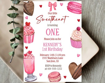 Editable Valentine's Day 1st Birthday Invitation Template, Our Little Sweetheart, Printable First Birthday Invite, Valentine Birthday, Corjl