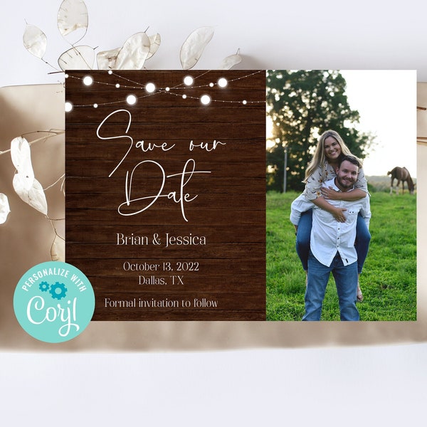 Printable Rustic Save Our Date Template, Wedding Announcement, Wood Background Photo Save The Date, Country Western, Corjl, Instant Download