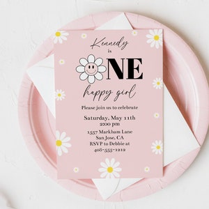 Smiley Face Birthday Invitation Template For Girls 1st Birthday, Editable ONE Happy Girl First Birthday Smiley Face and Daisy, Corjl, NEPS