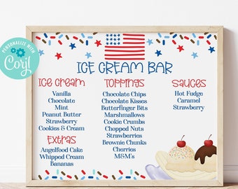 Editable 4th of July Sundae Sign Template July 4th Ice Cream Party Decorations Ice Cream Sign Sundae Toppings Reunion Corjl Printable JUFO