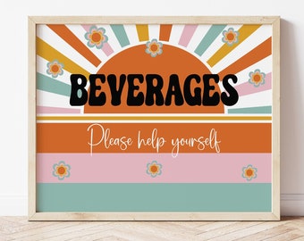 Hippie Party Beverages Sign, Two Groovy Party, One Groovy Girl Decorations, 70's Party, Drinks Sign, Table Decorations, Printable Sign, GROO