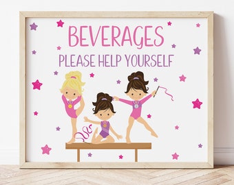 Printable Gymnastics Party Beverages Sign, Drinks Sign, Girls Birthday Party Decorations, Tumbling Party, Gymnast, Instant Download, PPFT