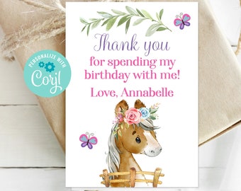 Editable Horse Favor Tag, Horse Birthday Party, Pony Tag, Thank You Tag, Girls Birthday Party, Corjl, Printable Tag, Instant Download, SUBP