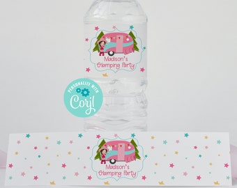 Editable Glamping Water Bottle Wrappers, Camping Party, Camping Birthday, Glamping Birthday Party Decorations, Instant Download, Corjl, GLBP