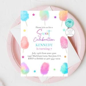 Cotton Candy Invitation Cotton Candy Party Sweet Celebration Kids Birthday Invite Candy Shop Candy Invitation Corjl Editable Template