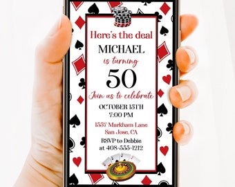 Invitación digital editable con tema de casino, 50 cumpleaños, 40 cumpleaños, cualquier edad, invitación electrónica, noche de póquer, juegos de azar, Evite Corjl CAS