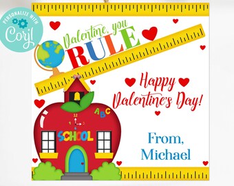 Editable Valentine You Rule Ruler Valentine Tag, Non Candy Valentines For School, Kids Valentines, Teacher Valentine Gift, Printable, Corjl