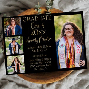 Fully Editable Graduation Party Photo Announcement Template, Graduation Party Invitation, Class of 2024, Black and Gold Invite, Corjl