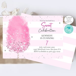 Cotton Candy Invitation Cotton Candy Party Sweet Celebration Kids Birthday Invite Candy Shop Candy Invitation Corjl Editable Template