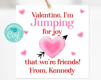 Editable Valentine I'm Jumping For Joy That We're Friends Jump Rope Kids Valentine's For School Classroom Preschool and Daycare, Corjl