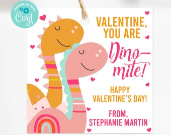 Editable Dinosaur Valentine Tag, You Are Dino Mite, Girls Valentines, Valentines for Classroom, Corjl, Instant Download, Printable Valentine