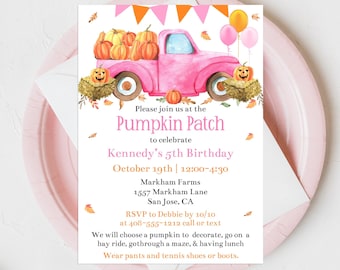 May include: A rectangular birthday invitation card featuring a watercolor illustration of a pink pickup truck carrying pumpkins, orange and pink bunting, and balloons. The text reads: Please join us at the Pumpkin Patch to celebrate Kennedy's 5th Birthday.