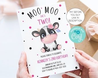Moo Moo She's Two Cow 2nd Birthday Party Invitation Template, Editable Cow Invite For Second Birthday, Printable Farm Birthday, Corjl, HCHM