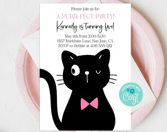 Editable Cat Birthday Party Invitation Template, Purrfect Pawty Cat Invite, Kitten Party, Black Cat, Girls Birthday Party, Corjl, BCBP