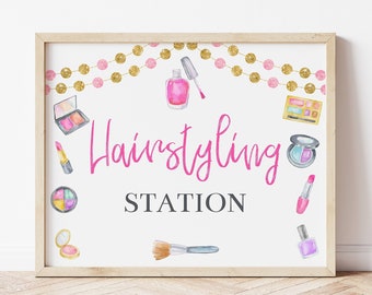 Hairstyling Station Sign For Spa Party, Printable Makeup Party Decorations, Spa Birthday Party, Spa Party Signs, Spa Party Decorations, MASP