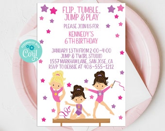 Printable Gymnastics Birthday Invitation Template, Editable Gymnastics Invite, Girls Birthday Party, Corjl, Digital Download, Tumble, PPFT