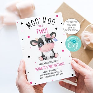 Moo Moo She&#39;s Two Cow 2nd Birthday Party Invitation Template, Editable Cow Invite For Second Birthday, Printable Farm Birthday, Corjl, HCHM