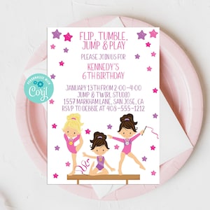 Printable Gymnastics Birthday Invitation Template, Editable Gymnastics Invite, Girls Birthday Party, Corjl, Digital Download, Tumble, PPFT