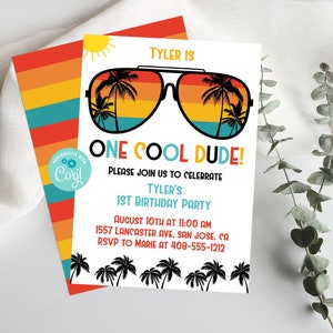 Editable One Cool Dude Invitation, 1st Birthday Invitation, First Birthday, Summer Invitation Template, Sunglasses Invitation, Corjl, ONEC