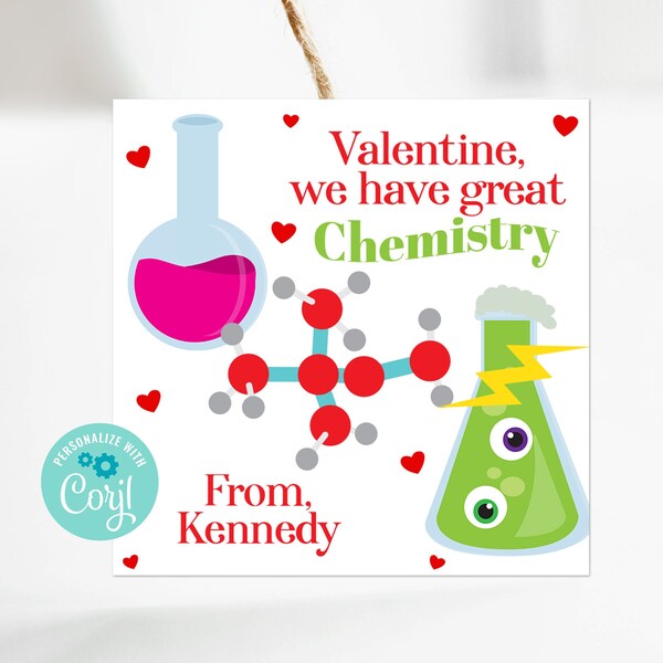 Editable We Have Great Chemistry Printable Science Valentines For Kids, School Classroom Valentines, Valentine's Day Party Exchange, Corjl