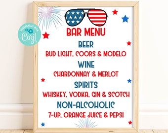 Editable 4th of July Bar Menu One Cool Dude July 4th Party Decorations Corjl Printable Bar Sign Summer Party Decor Digital Download ONEF