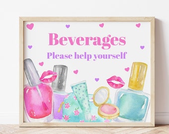 Spa Party Beverage Sign, Spa Birthday Party, Manicure Party, Pedicure, Makeup, Drinks Sign, Spa Party Signs, Spa Party Decorations, MABP