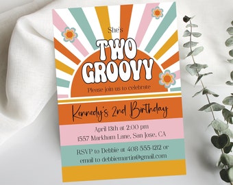 Editable Two Groovy Invitation Template Second Birthday Party Hippie Love Party For Two Year Old 70's Party Corjl Printable Invitation GROO