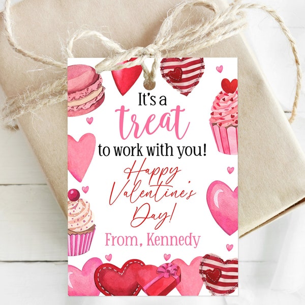 Editable It's A Treat To Work With You Valentine Tag, Co-worker Treat Tag, Printable Office Valentine Gift Tag, Coworker Valentines, Corjl