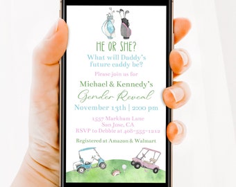 Golf Baby Gender Reveal Digital Invitation Golfing Gender Reveal Evite He or She Invite Electronic Invitation Corjl Text or Email Co-Ed GGRB