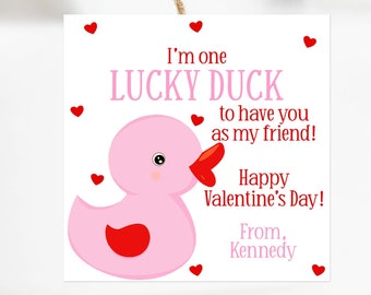 Printable I'm One Lucky Ducky To Have You As My Friend Tag, Pink and Red Rubber Ducky Valentine For Preschool or Daycare or Toddlers, Corjl